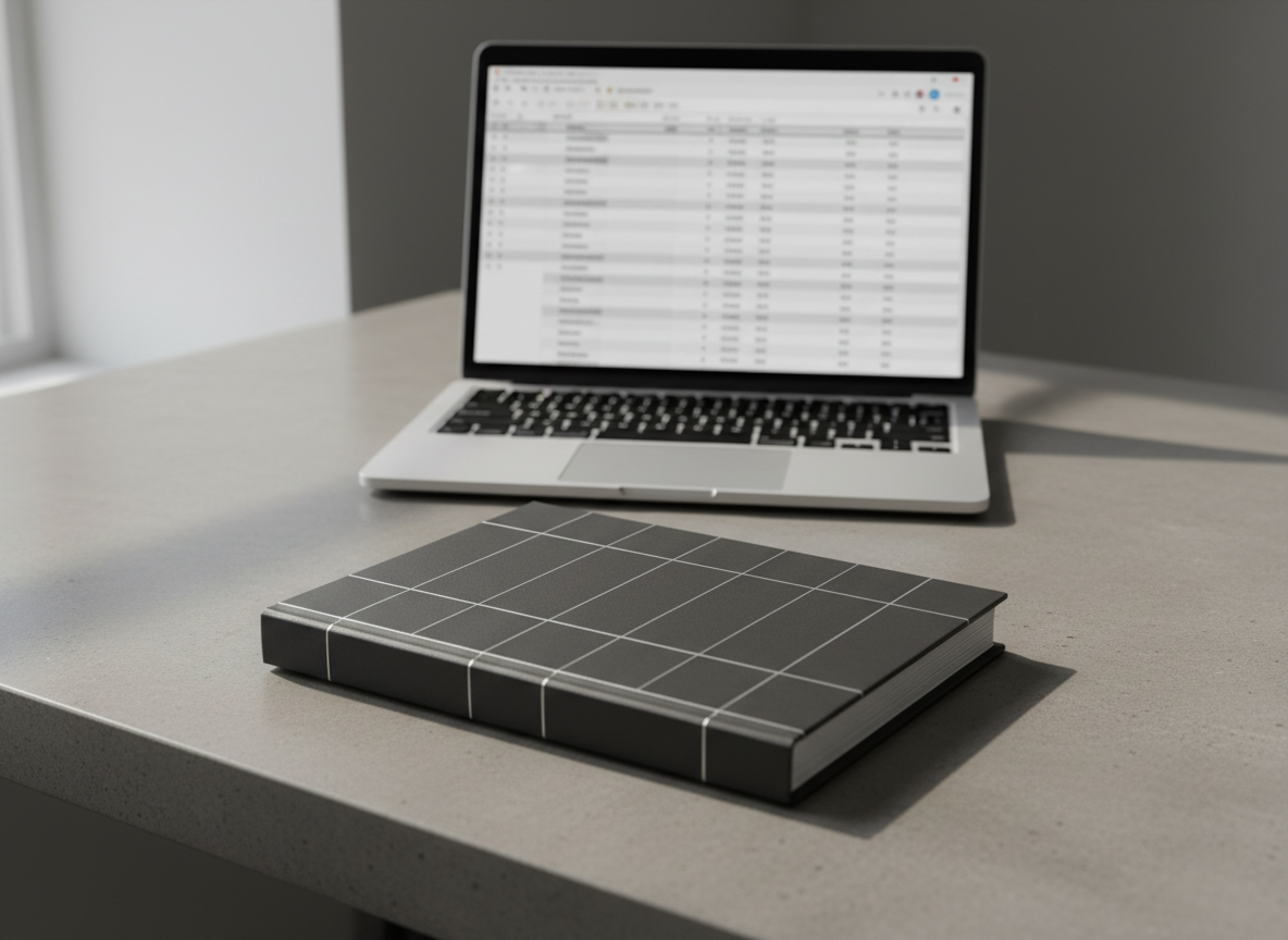 A sleek, matte-finished charcoal accounting ledger book with meticulously arranged embossed silver lines, closed and resting on a smooth, neutral-toned concrete desk. Behind, an open laptop with a minimalist silver casing displays a clean, uncluttered spreadsheet interface in subtle grayscale. Gentle diffused daylight enters from a window out of frame, casting soft, balanced highlights and creating a sense of clarity. The scene is framed from a slightly elevated angle, emphasizing the orderliness and structure of the workspace. The mood is calm, professional, and purposeful, fitting a modern, corporate aesthetic with photographic realism.
